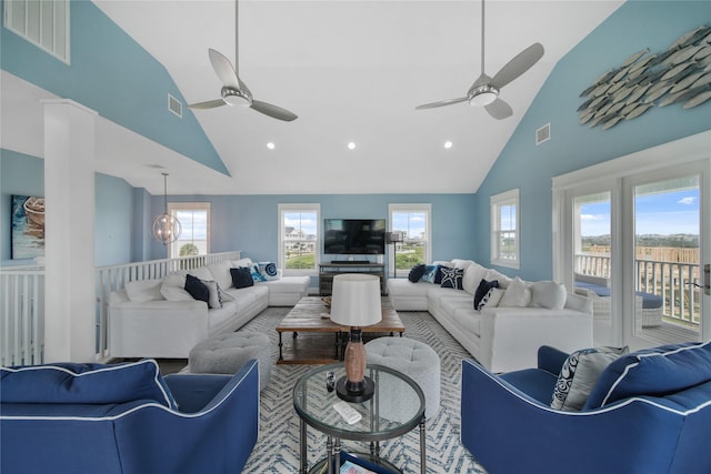 26711 Bay Water Dr, Galveston, TX 77554 - living room with visible vents and ceiling fan