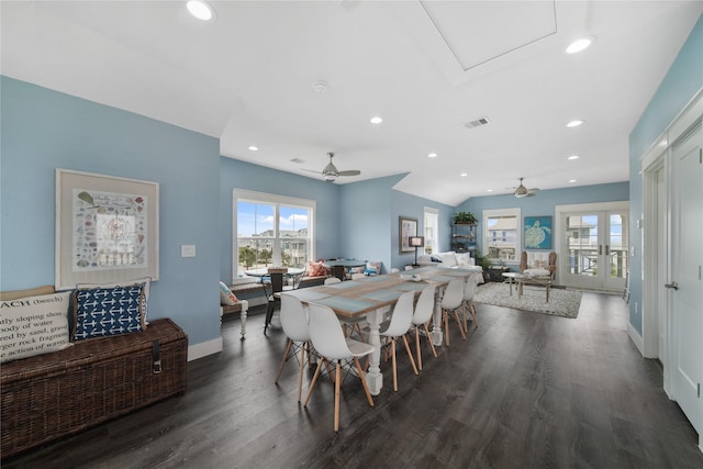 26711 Bay Water Dr, Galveston, TX 77554 - dining area featuring baseboards, recessed lighting, dark wood-style floors, a ceiling fan, and visible vents