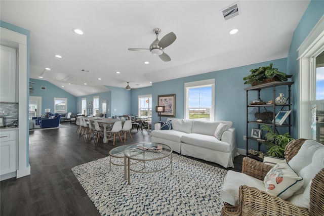 26711 Bay Water Dr, Galveston, TX 77554 - living area with vaulted ceiling, recessed lighting, dark wood-type flooring, visible vents, and ceiling fan
