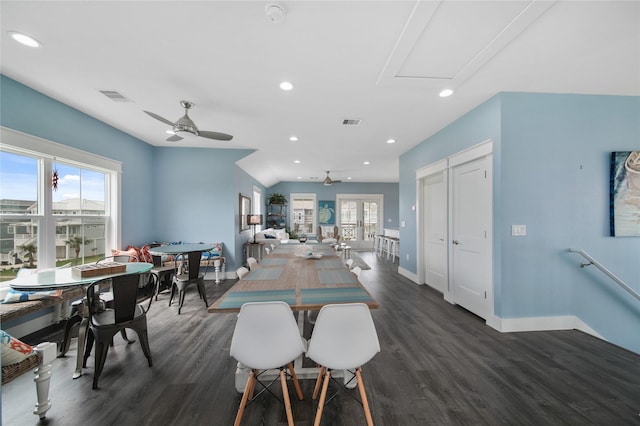 26711 Bay Water Dr, Galveston, TX 77554 - dining area with recessed lighting, visible vents, dark wood-style flooring, and baseboards