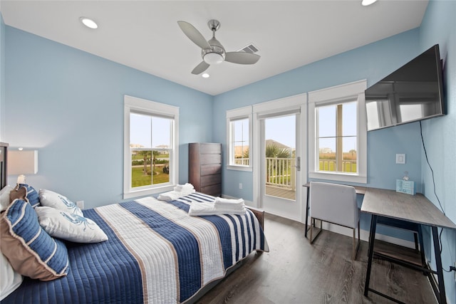 26711 Bay Water Dr, Galveston, TX 77554 - bedroom featuring access to outside, wood finished floors, visible vents, and recessed lighting