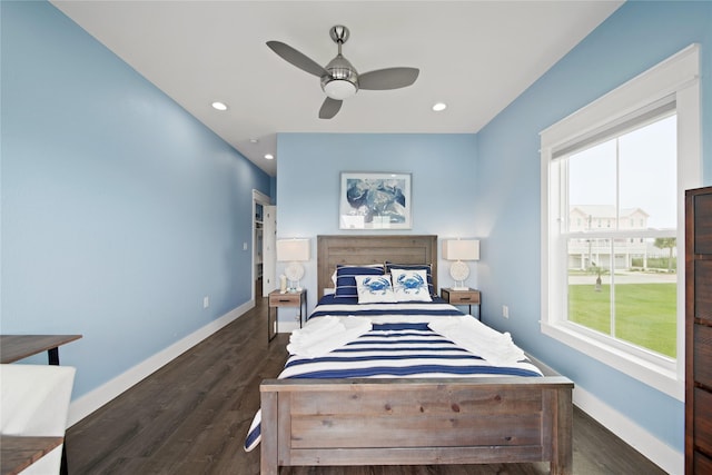 26711 Bay Water Dr, Galveston, TX 77554 - bedroom with baseboards, recessed lighting, ceiling fan, and wood finished floors