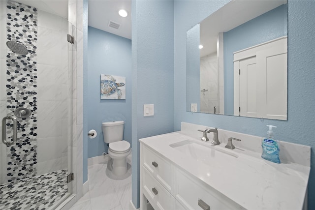 26711 Bay Water Dr, Galveston, TX 77554 - full bathroom featuring a shower stall, visible vents, marble finish floor, and toilet