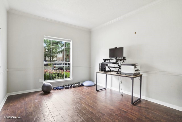 home office featuring hardwood / wood-style floors, a healthy amount of sunlight, and crown molding