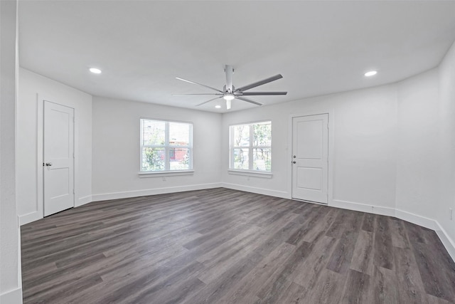 4074 Cheena Dr, Houston, TX 77025 - empty room with a ceiling fan, dark wood finished floors, baseboards, and recessed lighting