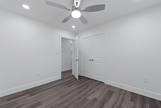 4074 Cheena Dr, Houston, TX 77025 - empty room with dark wood-type flooring, baseboards, ceiling fan, and recessed lighting
