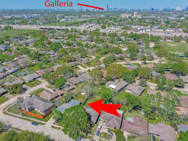4074 Cheena Dr, Houston, TX 77025 - aerial overview of property's location with nearby urban area
