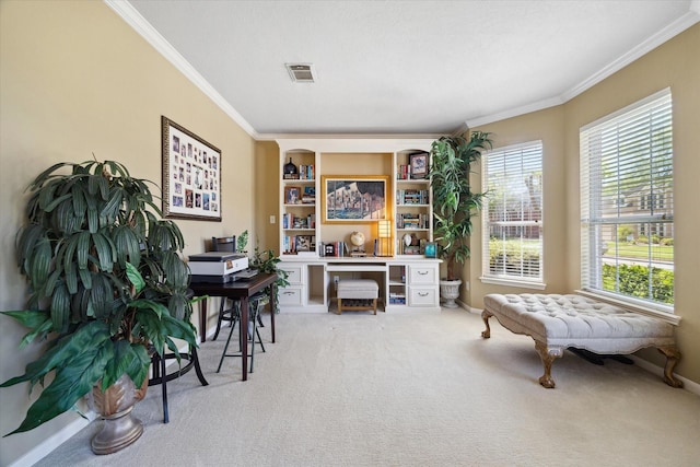1314 Cross Valley Dr, Sugar Land, TX 77479 - office area featuring crown molding, light carpet, and baseboards