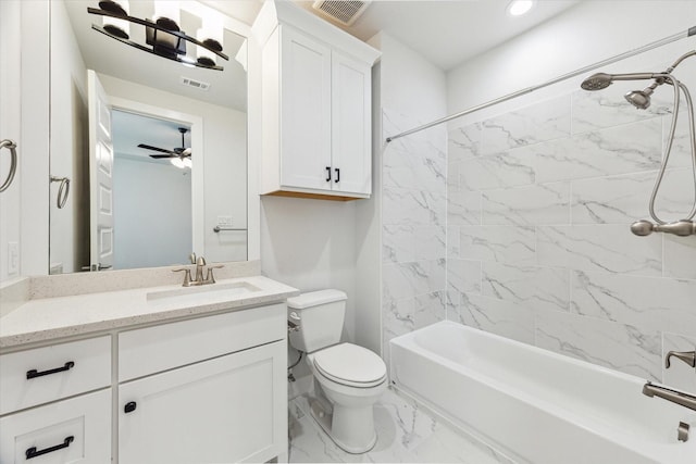bathroom featuring shower / bathtub combination, visible vents, toilet, and vanity