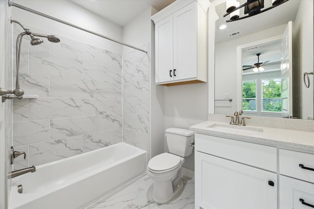 bathroom featuring washtub / shower combination, marble finish floor, visible vents, toilet, and vanity