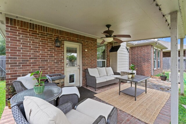 9330 Vander Rock Dr, Houston, TX 77095 - view of patio / terrace featuring an outdoor hangout area, ceiling fan, and fence