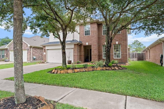 9330 Vander Rock Dr, Houston, TX 77095 - traditional home with a front lawn, a garage, brick siding, concrete driveway, and fence
