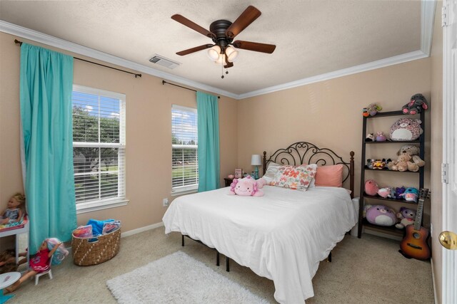 9330 Vander Rock Dr, Houston, TX 77095 - bedroom featuring ceiling fan, visible vents, carpet, baseboards, and ornamental molding