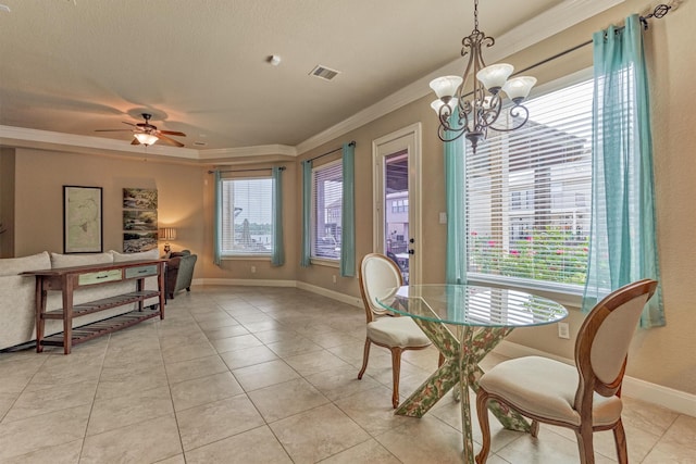 343 Old Aqua Lndg E, Conroe, TX 77356 - dining space with ceiling fan with notable chandelier, light tile patterned flooring, crown molding, and visible vents