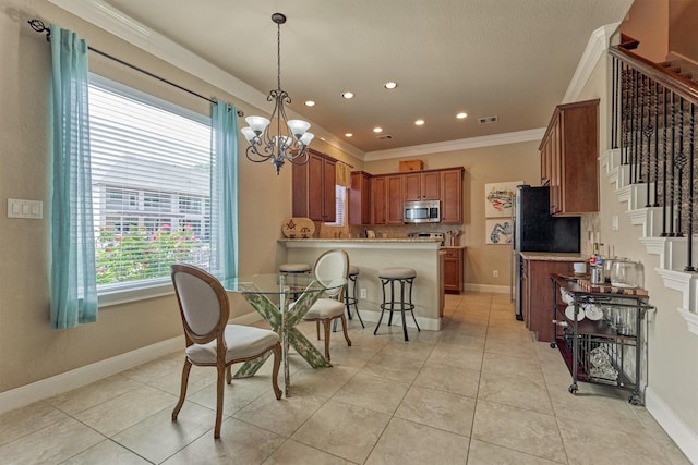 343 Old Aqua Lndg E, Conroe, TX 77356 - dining room with light tile patterned flooring, crown molding, stairway, visible vents, and an inviting chandelier