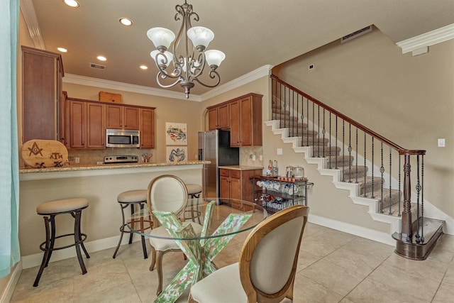 343 Old Aqua Lndg E, Conroe, TX 77356 - dining space with crown molding, stairs, visible vents, and a notable chandelier