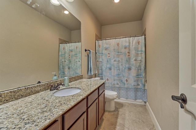 343 Old Aqua Lndg E, Conroe, TX 77356 - full bath featuring vanity, recessed lighting, toilet, baseboards, and shower / bath combo with shower curtain