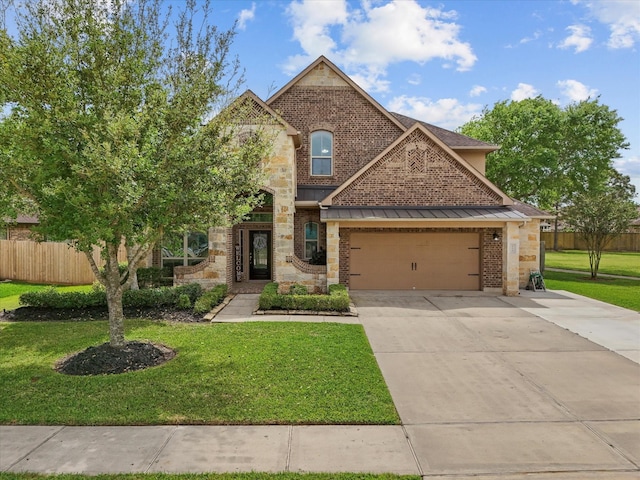 traditional home with brick siding, a standing seam roof, fence, and a front lawn