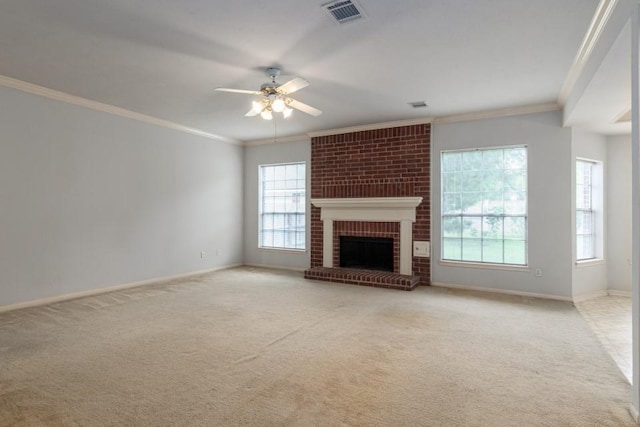 16918 Ascot Meadow Dr, Sugar Land, TX 77479 - unfurnished living room featuring baseboards, light carpet, crown molding, visible vents, and ceiling fan