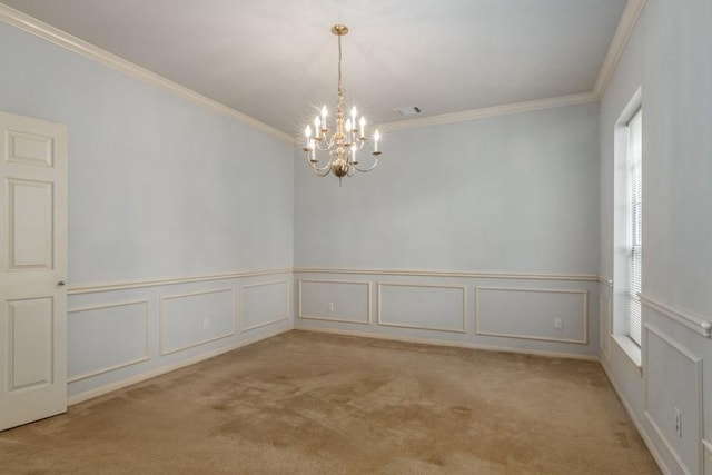 16918 Ascot Meadow Dr, Sugar Land, TX 77479 - carpeted empty room featuring a chandelier, a decorative wall, ornamental molding, and visible vents