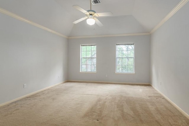 16918 Ascot Meadow Dr, Sugar Land, TX 77479 - carpeted empty room with crown molding, baseboards, a ceiling fan, and vaulted ceiling