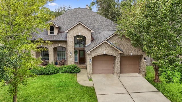 11826 Thoreau Dr, Montgomery, TX 77356 - french country style house with a front lawn, roof with shingles, brick siding, concrete driveway, and an attached garage