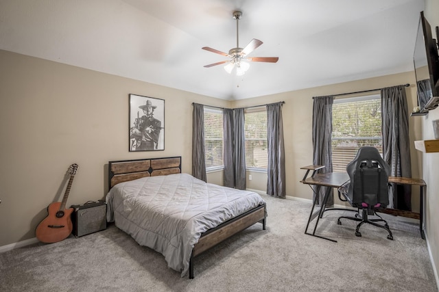 11826 Thoreau Dr, Montgomery, TX 77356 - bedroom featuring baseboards, a ceiling fan, lofted ceiling, and light carpet
