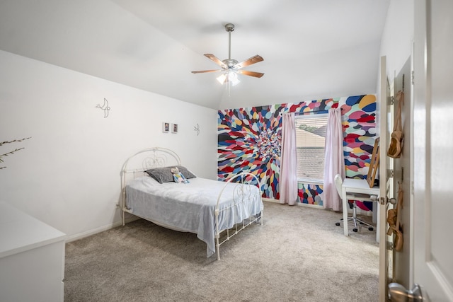11826 Thoreau Dr, Montgomery, TX 77356 - bedroom featuring a ceiling fan, carpet, vaulted ceiling, and wallpapered walls