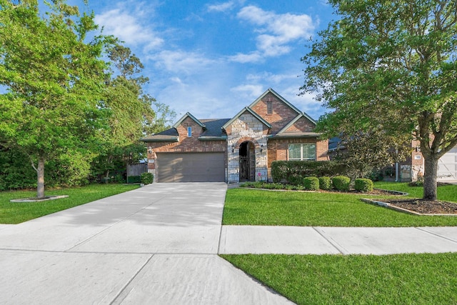 3507 Manor Lake Ln, Spring, TX 77386 - view of front of home featuring a front lawn, concrete driveway, an attached garage, stone siding, and brick siding