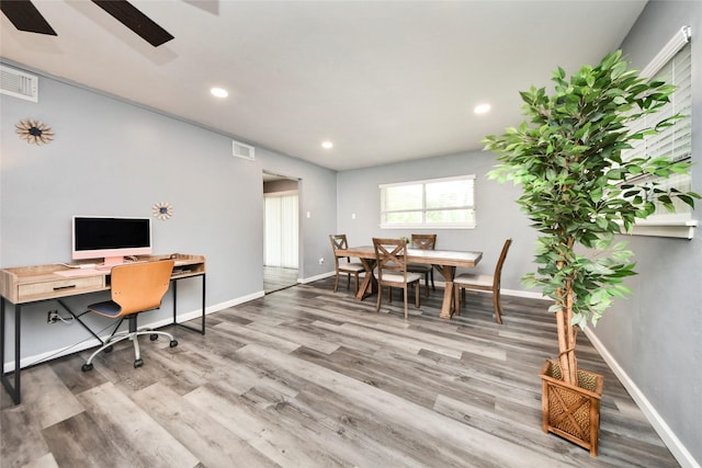 office area with ceiling fan, recessed lighting, wood finished floors, and visible vents