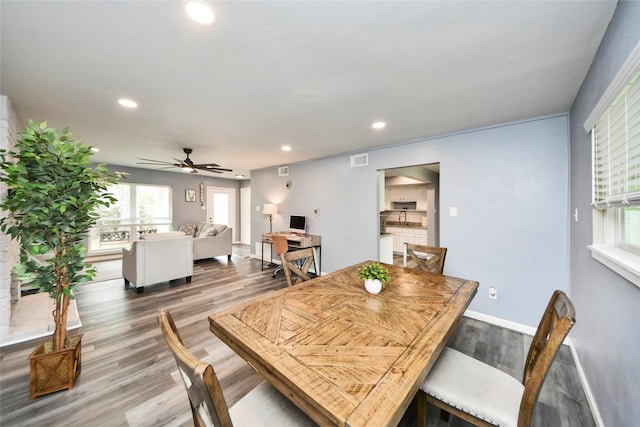 dining area featuring visible vents, wood finished floors, ceiling fan, recessed lighting, and a wealth of natural light