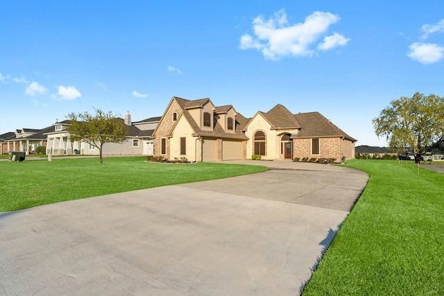 10904 Dauphine St, Willis, TX 77318 - french country home featuring brick siding, a front lawn, driveway, and a chimney