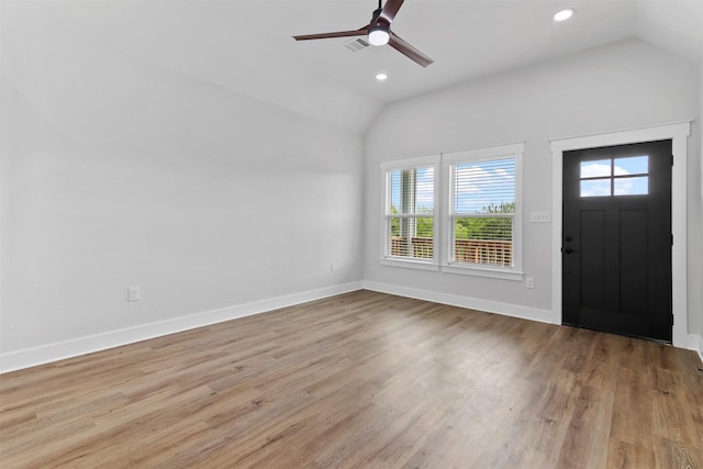 416 13th St, San Leon, TX 77539 - entrance foyer featuring vaulted ceiling, wood finished floors, baseboards, ceiling fan, and recessed lighting