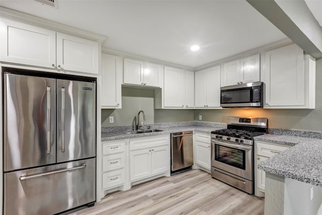 kitchen with a sink, white cabinets, light wood-style flooring, and appliances with stainless steel finishes