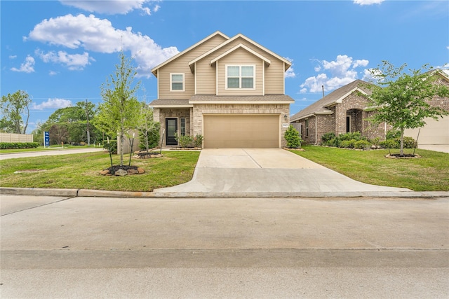 view of front of home featuring brick siding, an attached garage, driveway, and a front yard