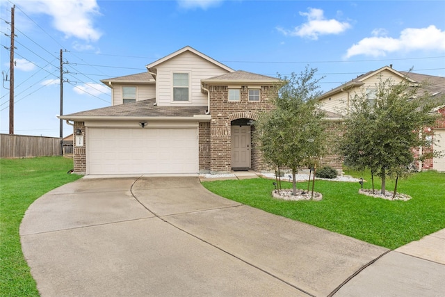 traditional home featuring a front lawn, fence, brick siding, and concrete driveway
