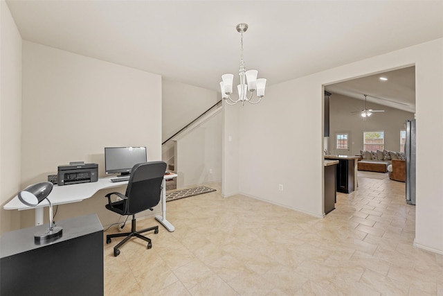 office area featuring ceiling fan with notable chandelier, baseboards, vaulted ceiling, and recessed lighting