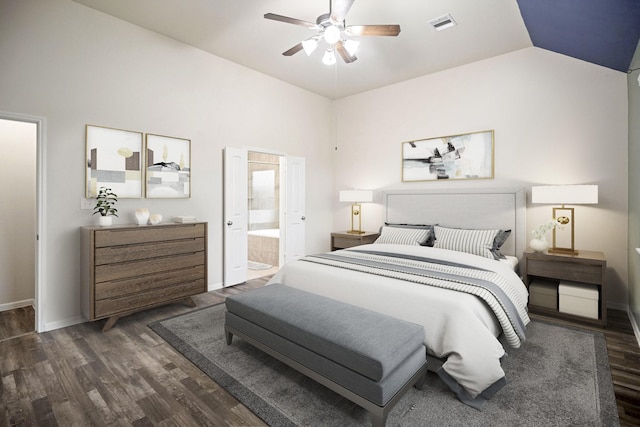 2311 Leonetti Ln, Rosenberg, TX 77471 - bedroom featuring dark wood-style floors, vaulted ceiling, ensuite bathroom, ceiling fan, and baseboards