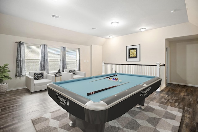 2311 Leonetti Ln, Rosenberg, TX 77471 - playroom with wood finished floors, baseboards, billiards table, and lofted ceiling