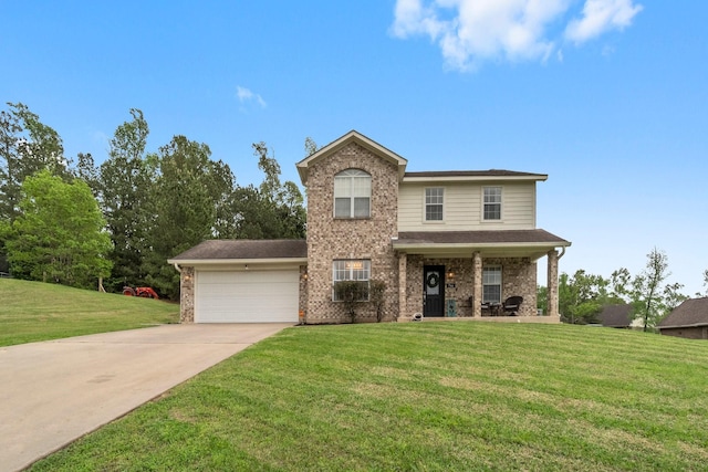 view of front of home with driveway, a front yard, a garage, and brick siding