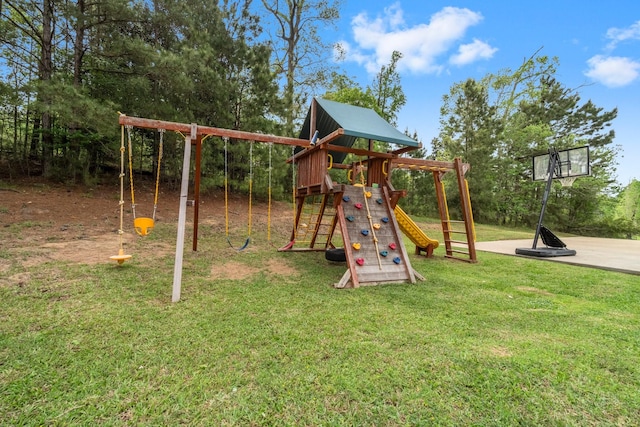 view of jungle gym with a yard