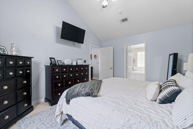 bedroom featuring connected bathroom, high vaulted ceiling, light tile patterned floors, baseboards, and visible vents