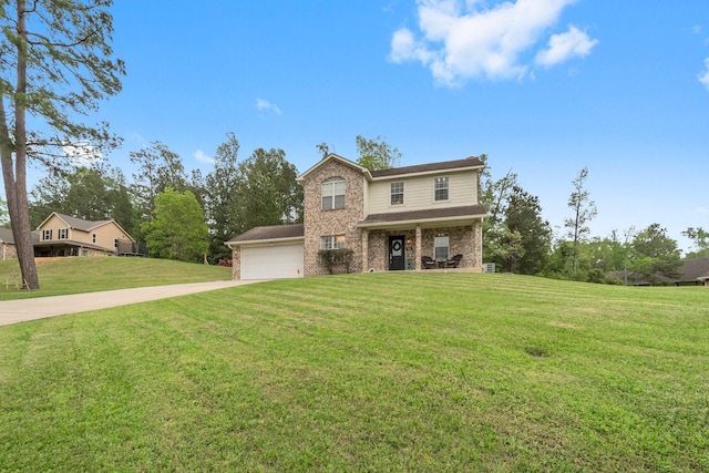 traditional home with driveway, an attached garage, a front lawn, and brick siding
