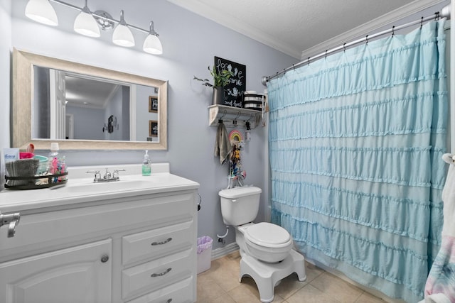 bathroom featuring vanity, toilet, ornamental molding, a textured ceiling, and tile patterned floors