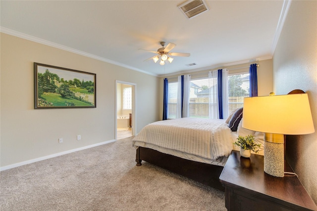 bedroom with carpet flooring, visible vents, baseboards, and ornamental molding