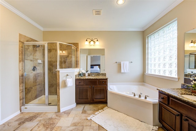 full bath featuring a shower stall, a garden tub, a sink, and ornamental molding