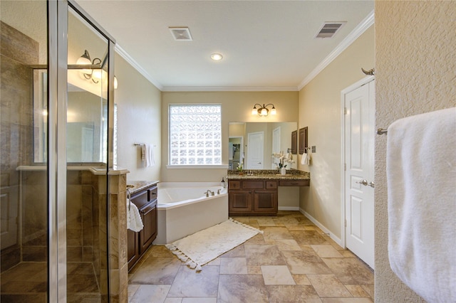 bathroom with vanity, ornamental molding, a stall shower, a bath, and visible vents