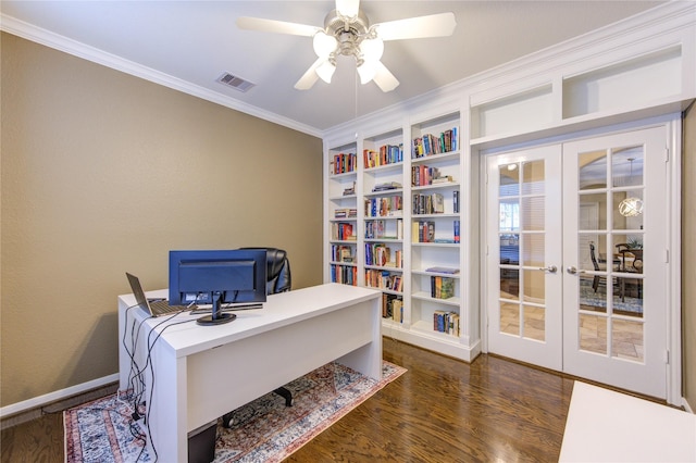 office space with visible vents, ceiling fan, dark wood-style floors, crown molding, and french doors