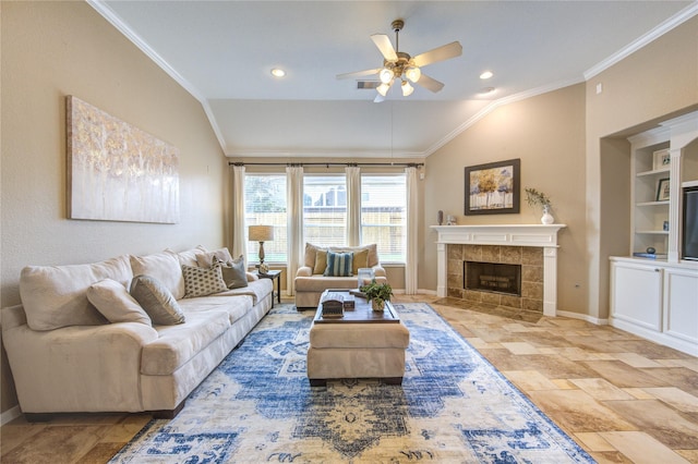 living room with crown molding, a ceiling fan, and vaulted ceiling