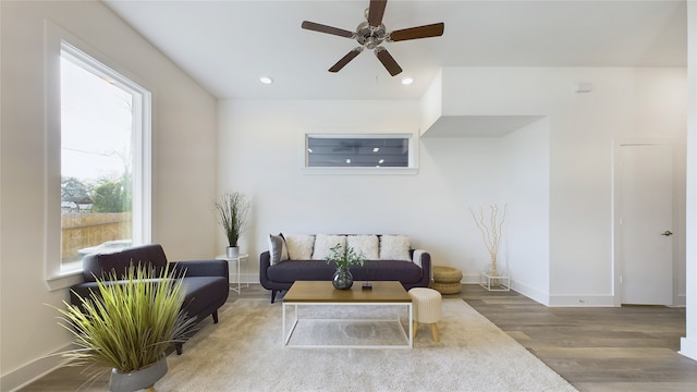 9616 Habitat St, Houston, TX 77075 - living room featuring baseboards, a ceiling fan, wood finished floors, and recessed lighting